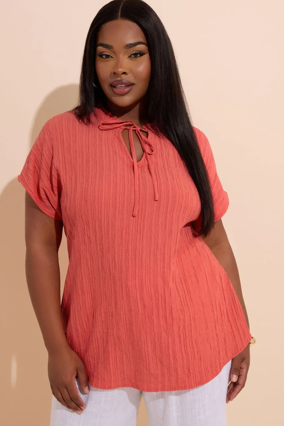 Yours Curve Coral Orange Textured Frill Neck Top