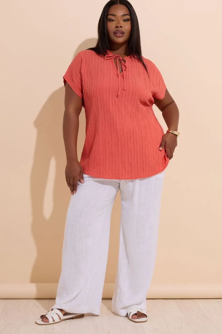 Yours Curve Coral Orange Textured Frill Neck Top