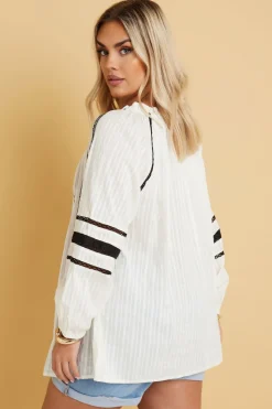 Yours Curve Cream Embroidered Tie Neck Blouse