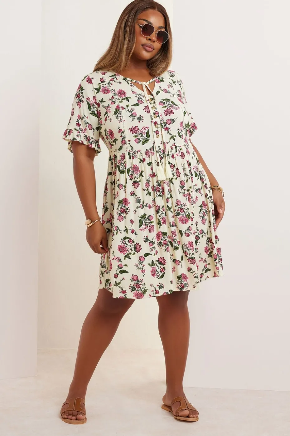 Yours Curve Cream Floral Crochet Trim Tie Neck Mini Dress