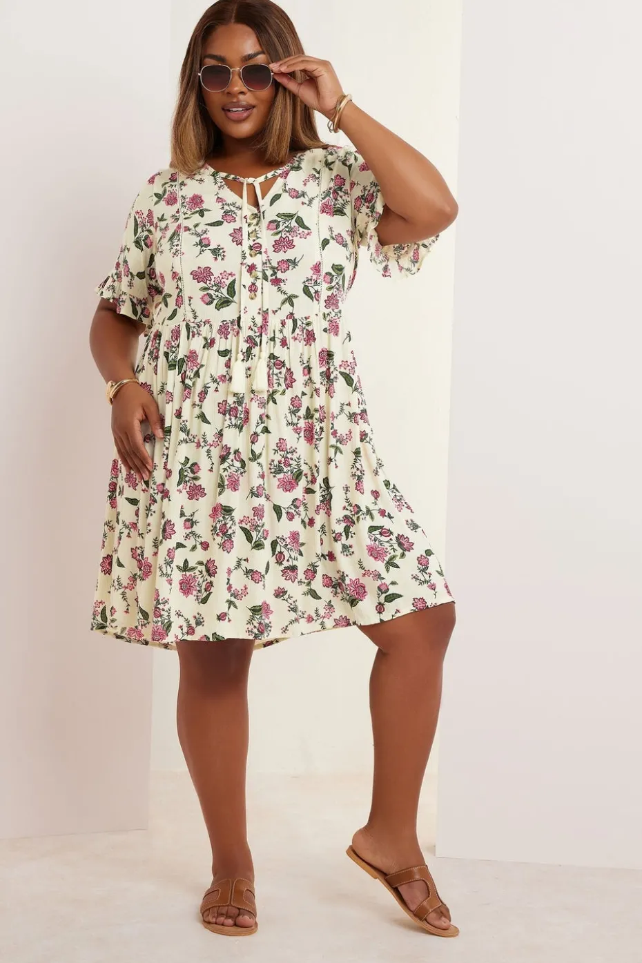 Yours Curve Cream Floral Crochet Trim Tie Neck Mini Dress