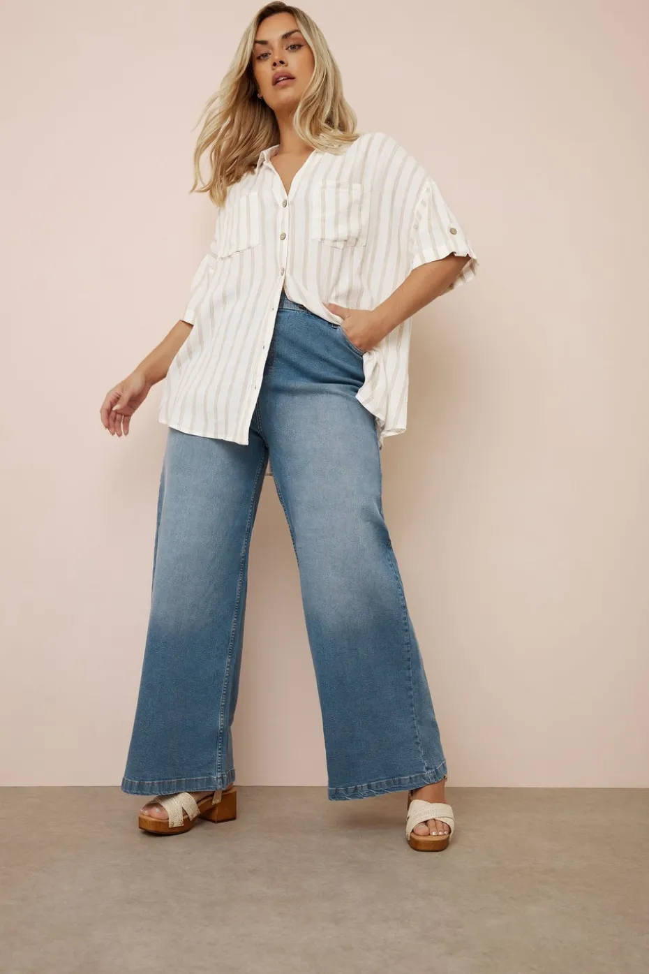 Yours Curve Cream Short Sleeve Linen Stripe Shirt