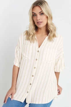 Yours Curve Cream Short Sleeve Linen Stripe Shirt