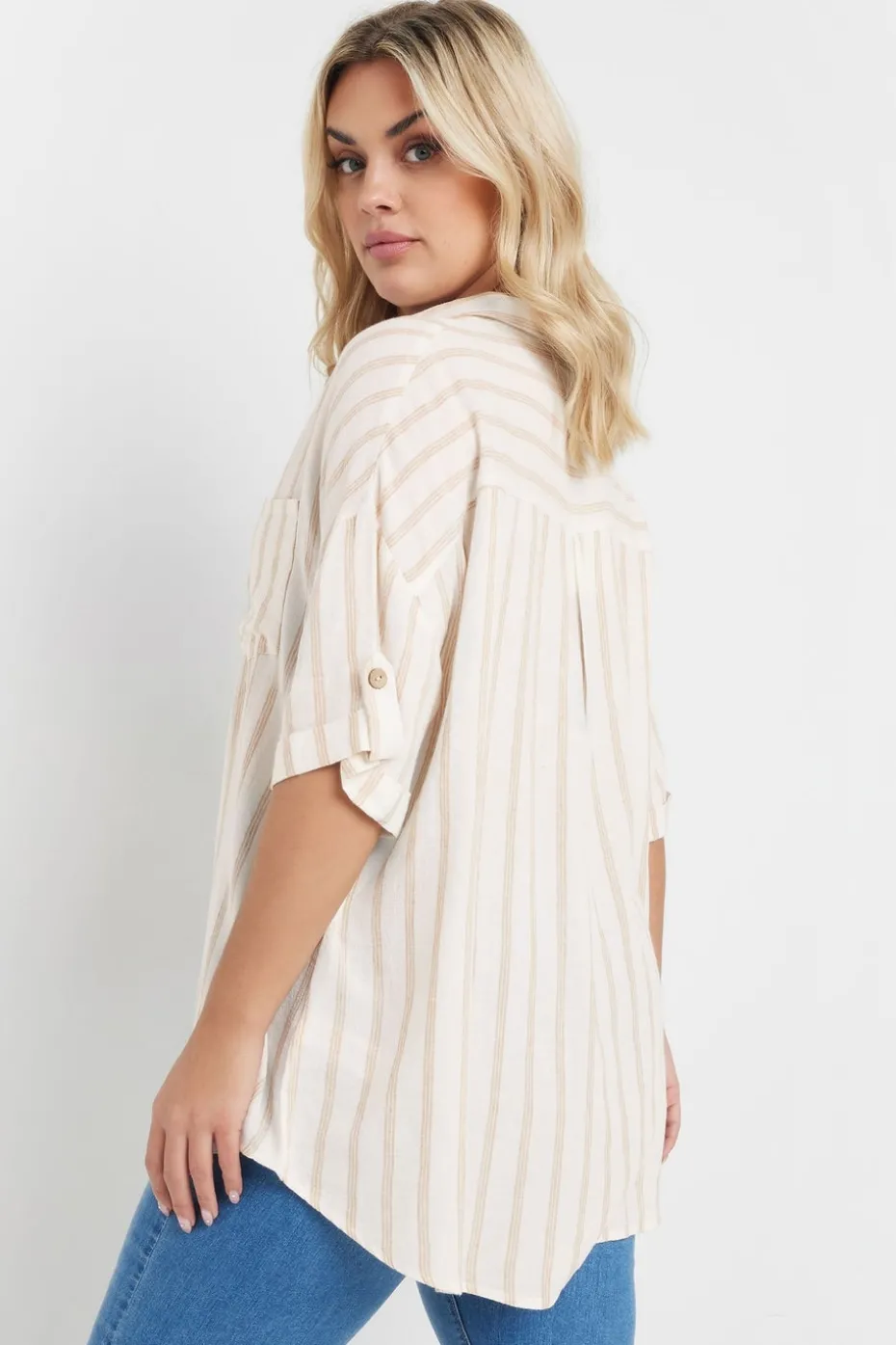 Yours Curve Cream Short Sleeve Linen Stripe Shirt