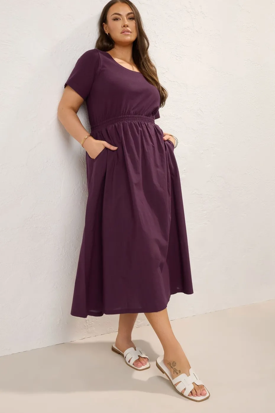 Yours Curve Dark Purple Jersey & Woven Mix Fabric Midaxi Skater Dress