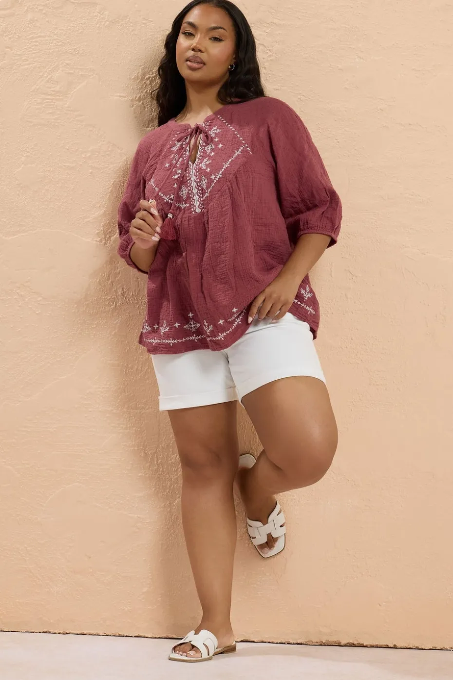 Yours Curve Dark Red Embroidered Tie Neck Blouse