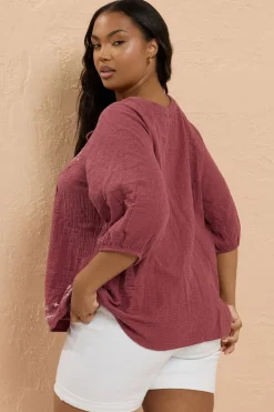 Yours Curve Dark Red Embroidered Tie Neck Blouse