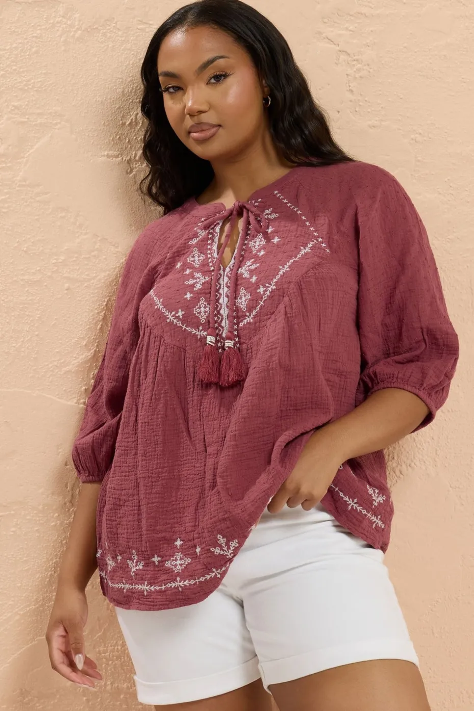 Yours Curve Dark Red Embroidered Tie Neck Blouse