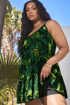Yours Curve Green Crinkle Tropical Print Cami Top