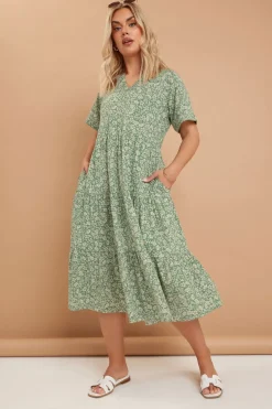 Yours Curve Green Floral Print Tiered Cotton Midaxi Dress
