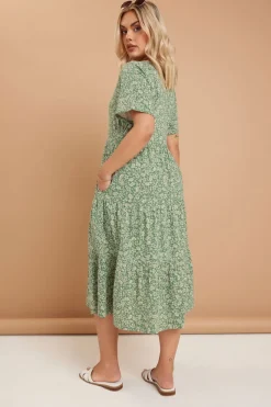 Yours Curve Green Floral Print Tiered Cotton Midaxi Dress