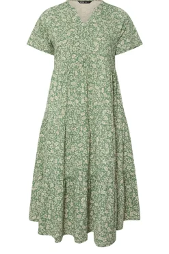 Yours Curve Green Floral Print Tiered Cotton Midaxi Dress