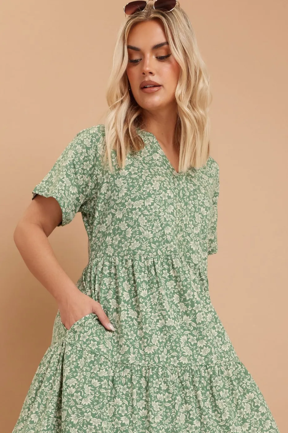 Yours Curve Green Floral Print Tiered Cotton Midaxi Dress