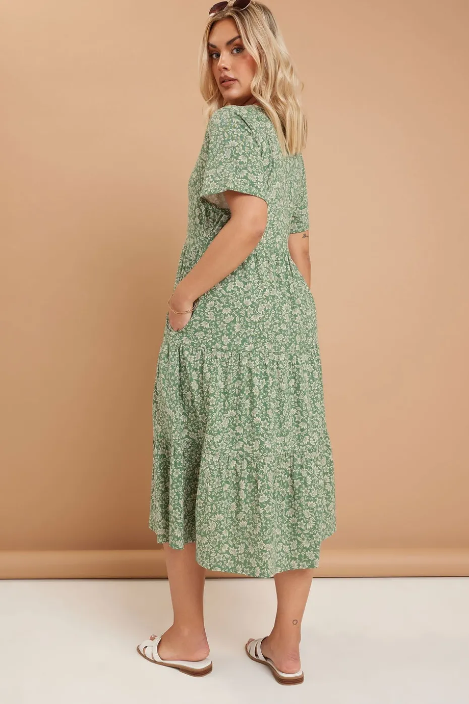 Yours Curve Green Floral Print Tiered Cotton Midaxi Dress