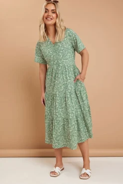 Yours Curve Green Floral Print Tiered Cotton Midaxi Dress