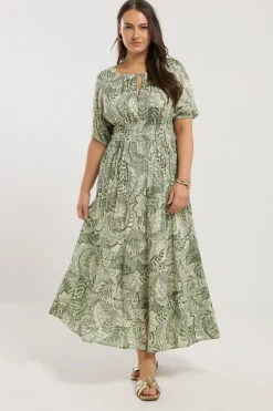Yours Curve Green Leaf Print Tie Neck Midaxi Dress