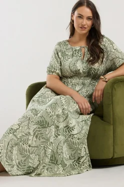 Yours Curve Green Leaf Print Tie Neck Midaxi Dress