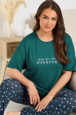Yours Curve Green Long Live The Weekend Soft Touch Pyjama Top