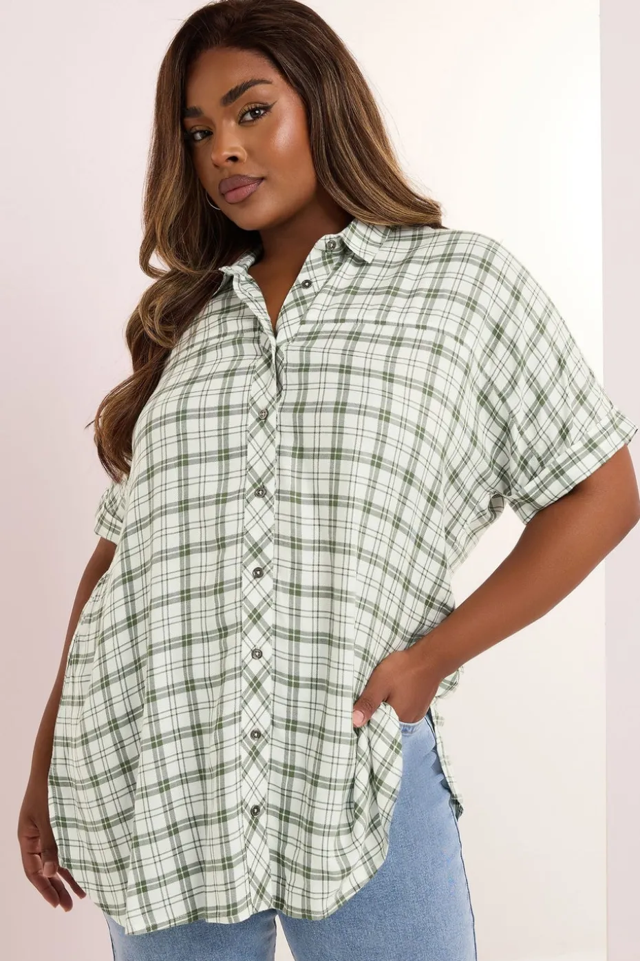 Yours Curve Green Metallic Check Print Shirt