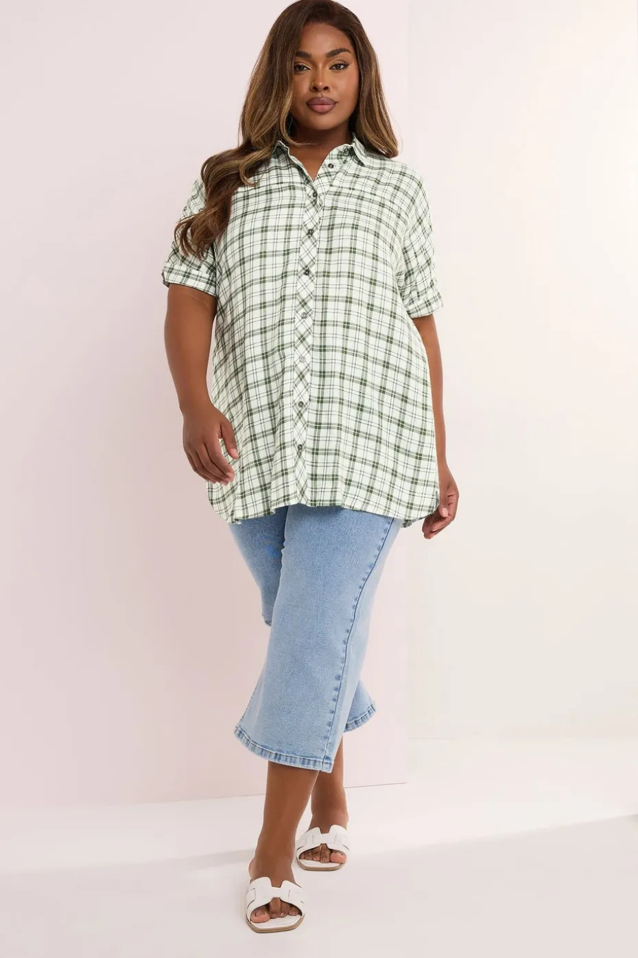 Yours Curve Green Metallic Check Print Shirt