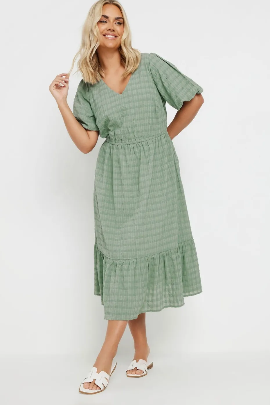 Yours Curve Green Textured Check Midi Dress
