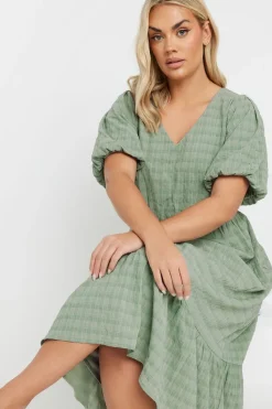 Yours Curve Green Textured Check Midi Dress