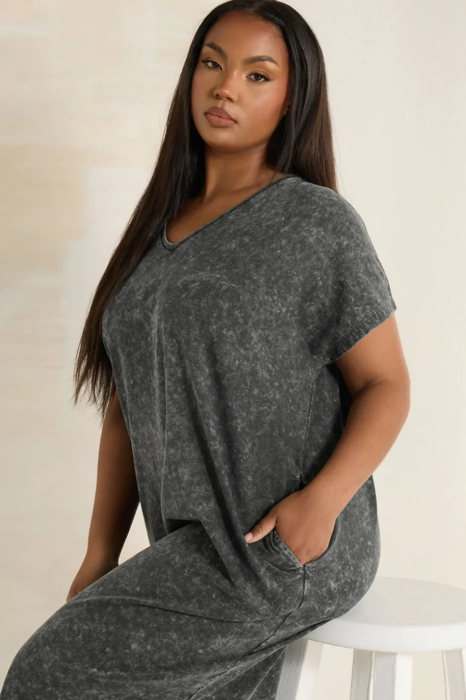 Yours Curve Grey Acid Wash Heavyweight Throw On Dress