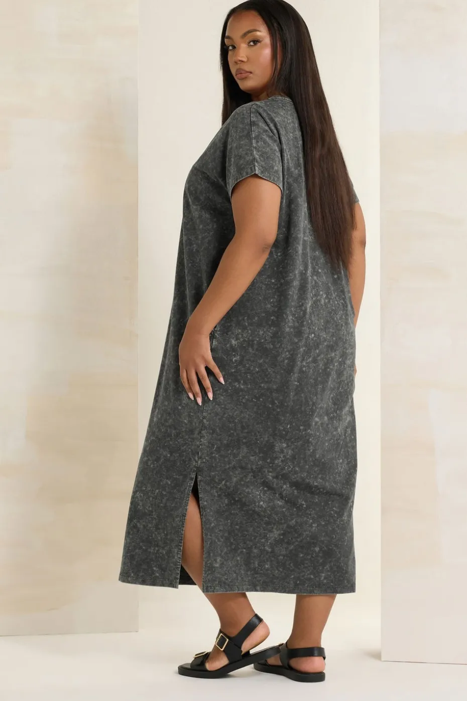 Yours Curve Grey Acid Wash Heavyweight Throw On Dress