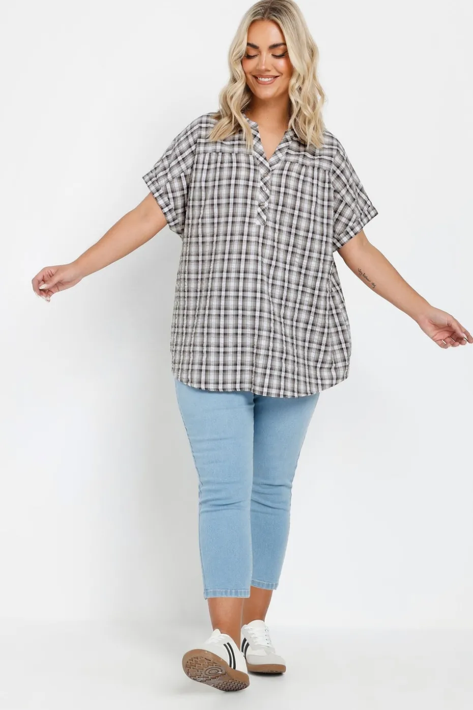 Yours Curve Grey Check Print Textured Blouse