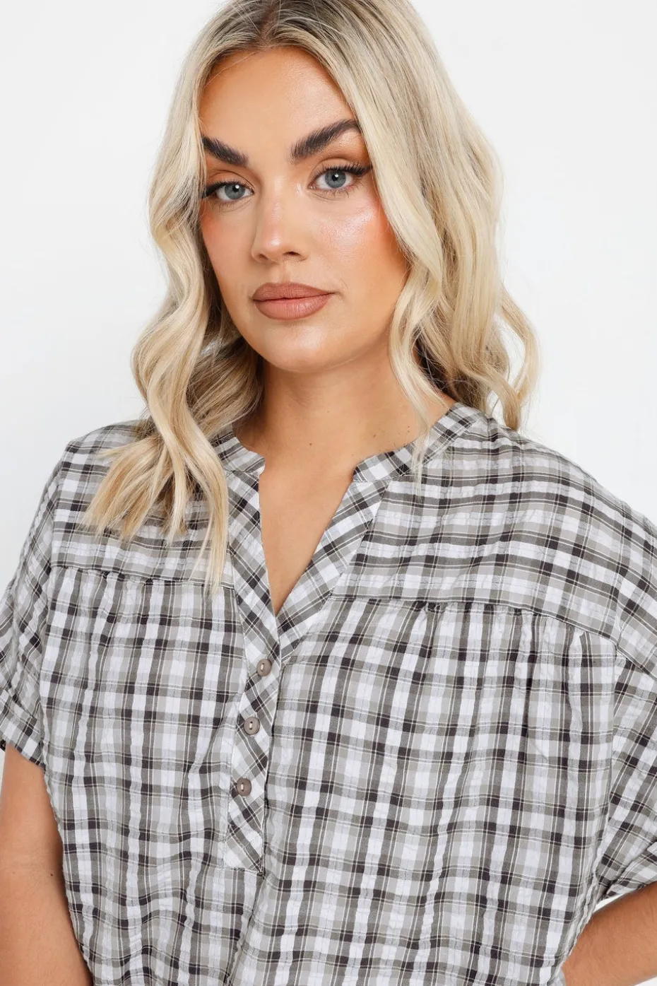 Yours Curve Grey Check Print Textured Blouse