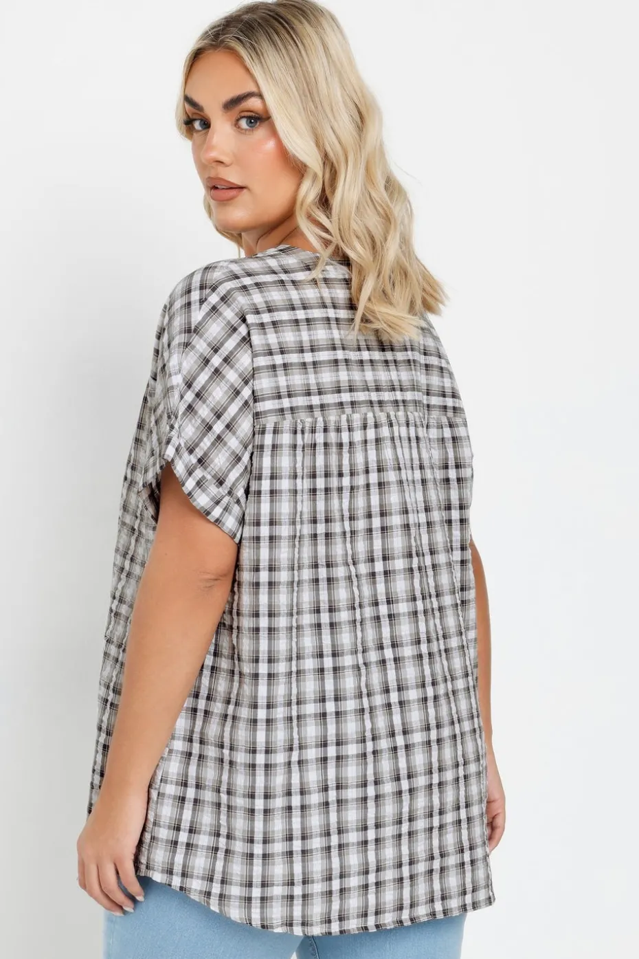 Yours Curve Grey Check Print Textured Blouse