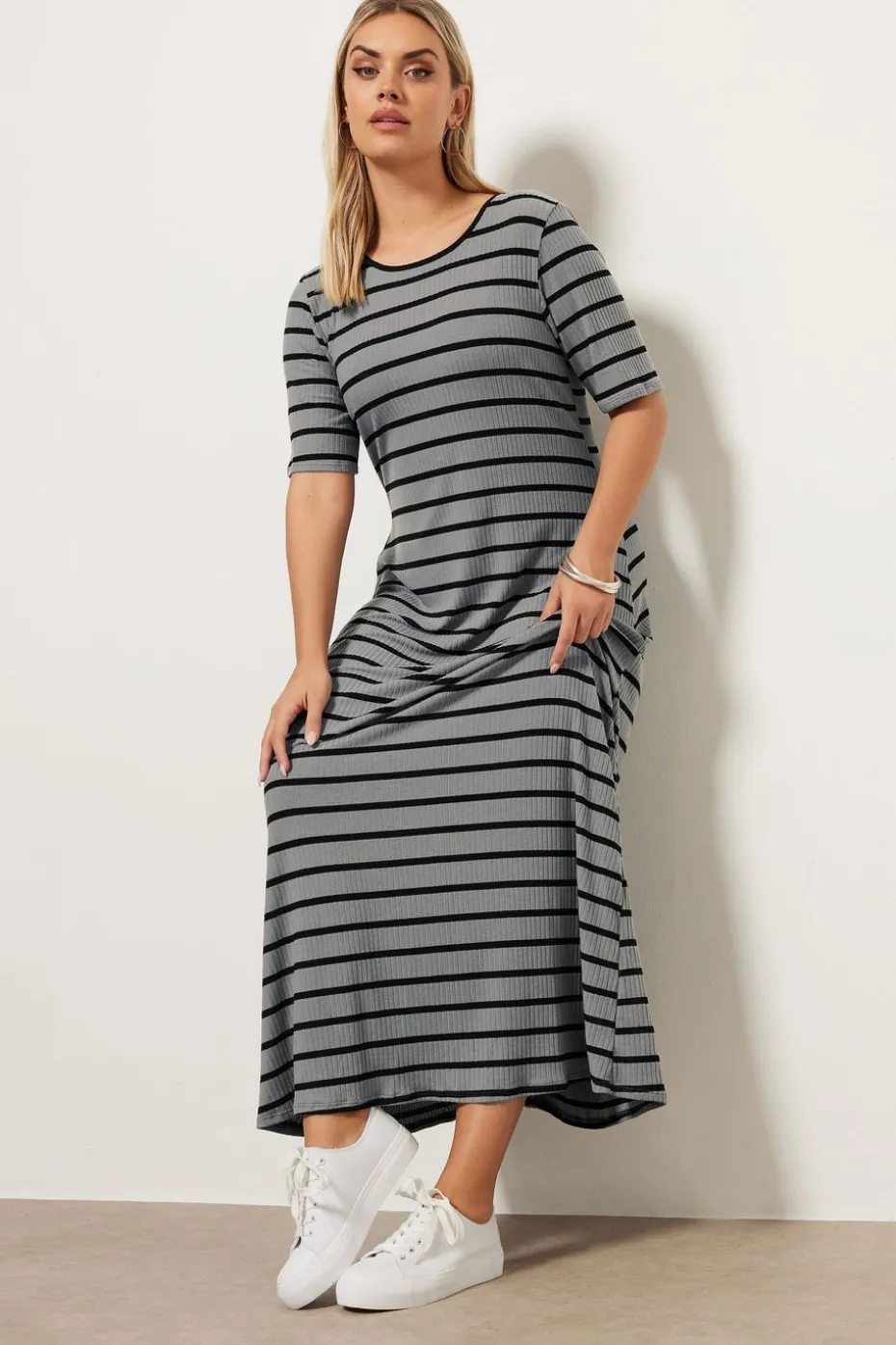 Yours Curve Grey Stripe Ribbed Maxi Dress