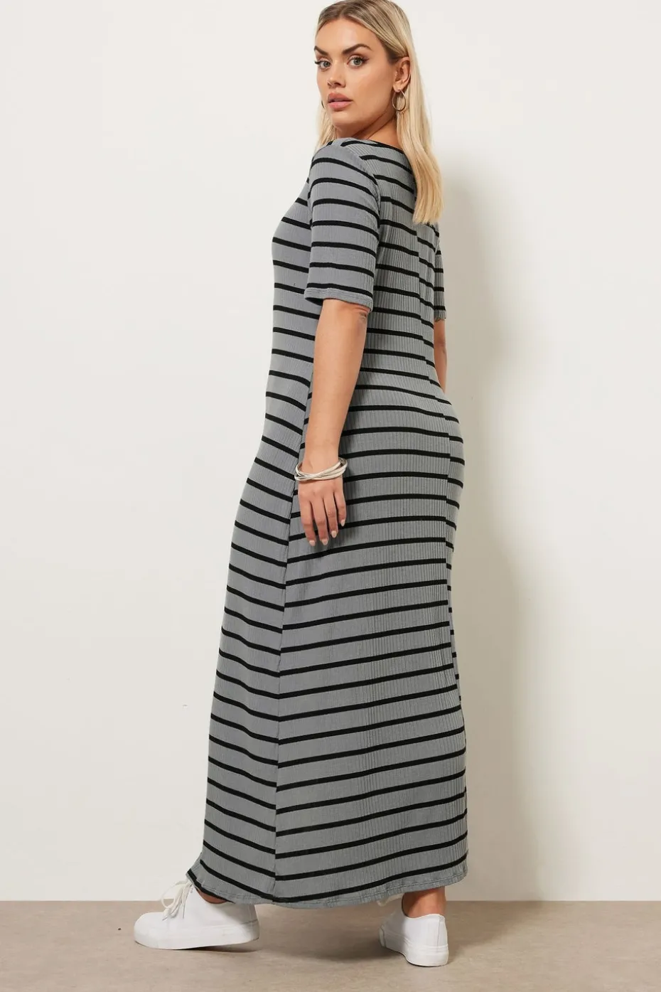 Yours Curve Grey Stripe Ribbed Maxi Dress