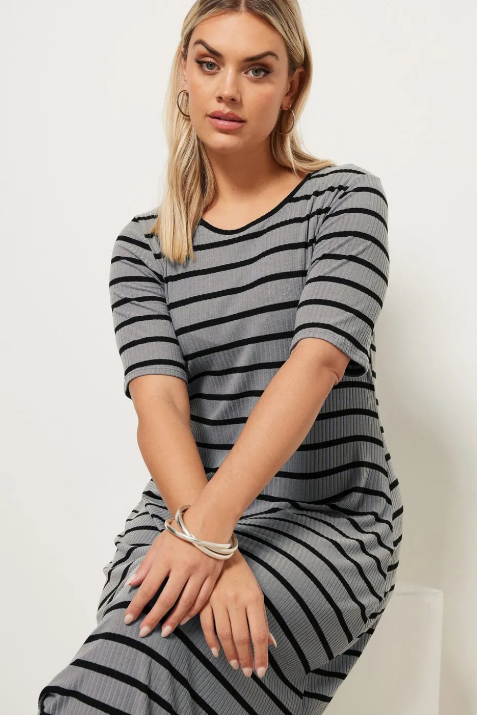 Yours Curve Grey Stripe Ribbed Maxi Dress