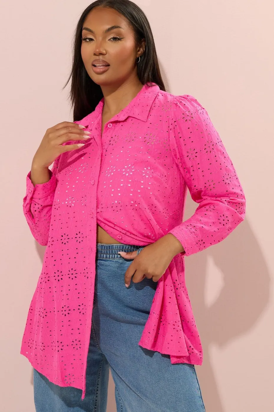 Yours Curve Hot Pink Broderie Anglaise Long Sleeve Shirt