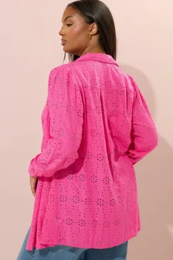 Yours Curve Hot Pink Broderie Anglaise Long Sleeve Shirt