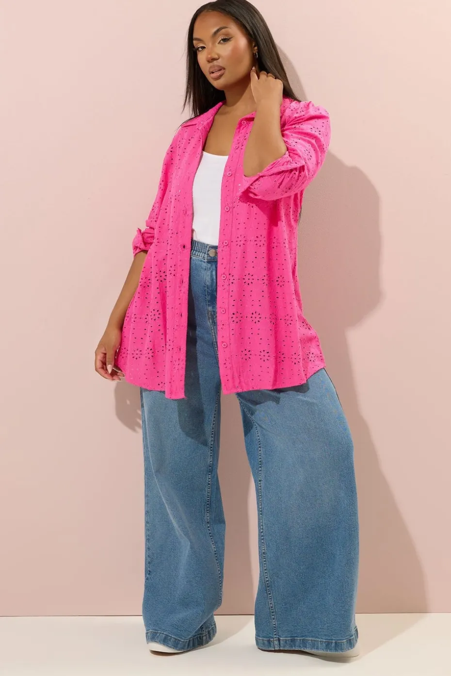 Yours Curve Hot Pink Broderie Anglaise Long Sleeve Shirt