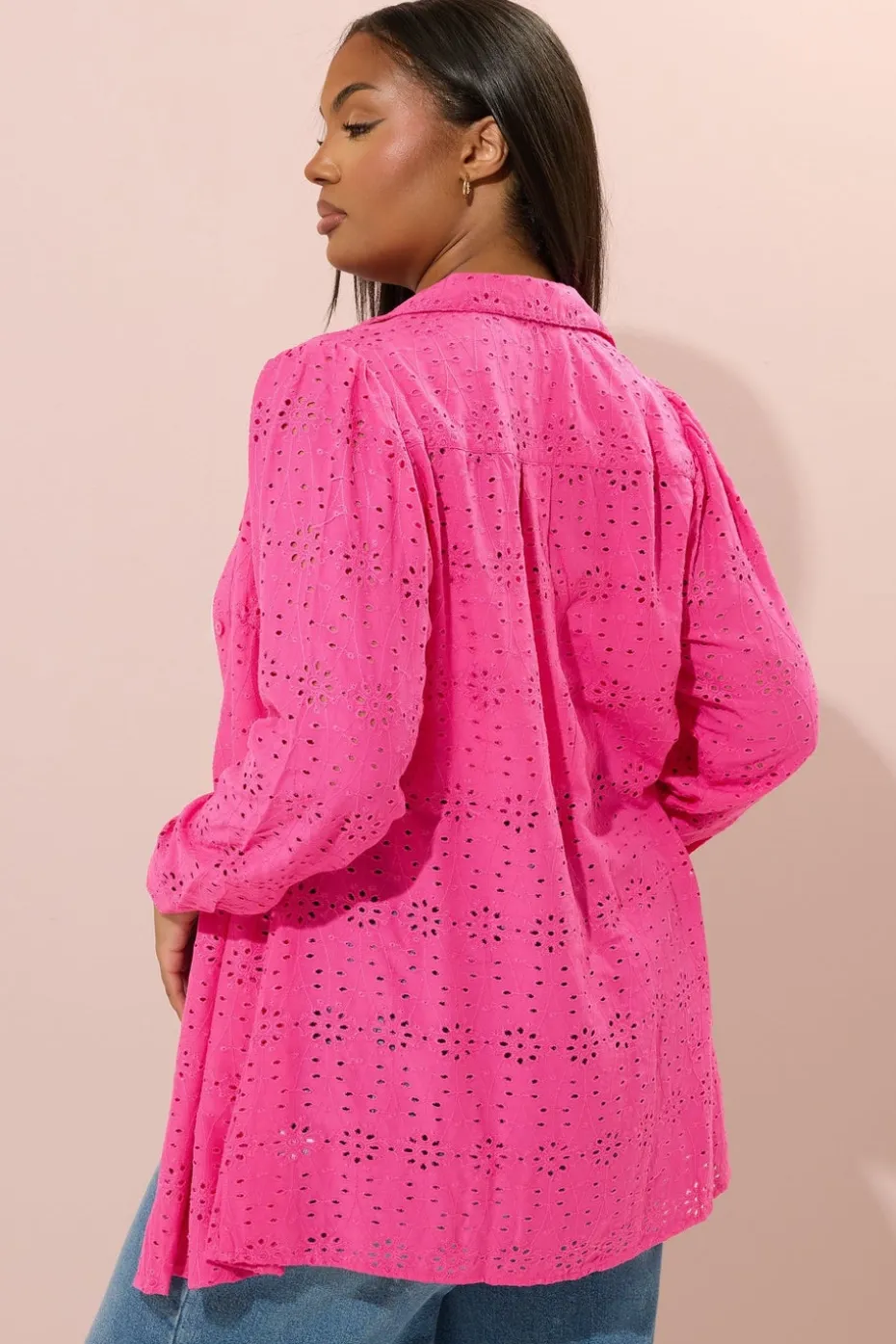 Yours Curve Hot Pink Broderie Anglaise Long Sleeve Shirt