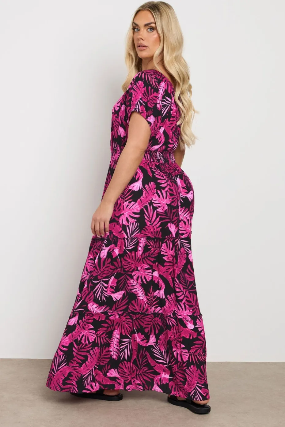 Yours Curve Hot Pink Palm Print Tie Neck Maxi Dress