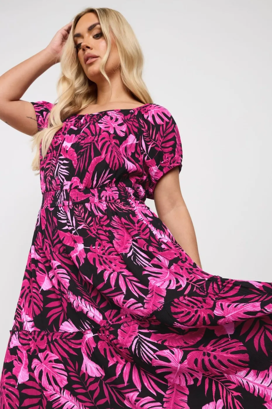 Yours Curve Hot Pink Palm Print Tie Neck Maxi Dress