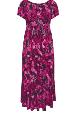 Yours Curve Hot Pink Palm Print Tie Neck Maxi Dress