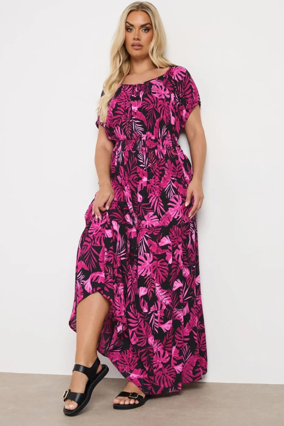 Yours Curve Hot Pink Palm Print Tie Neck Maxi Dress