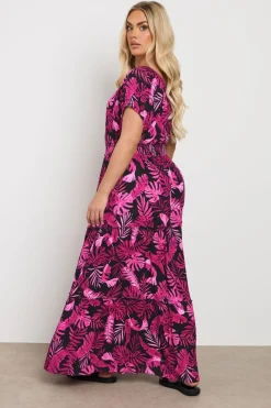 Yours Curve Hot Pink Palm Print Tie Neck Maxi Dress