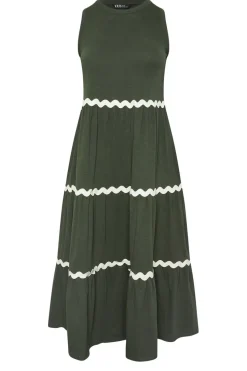 Yours Curve Khaki Green Contrast Swirl Tiered Maxi Dress