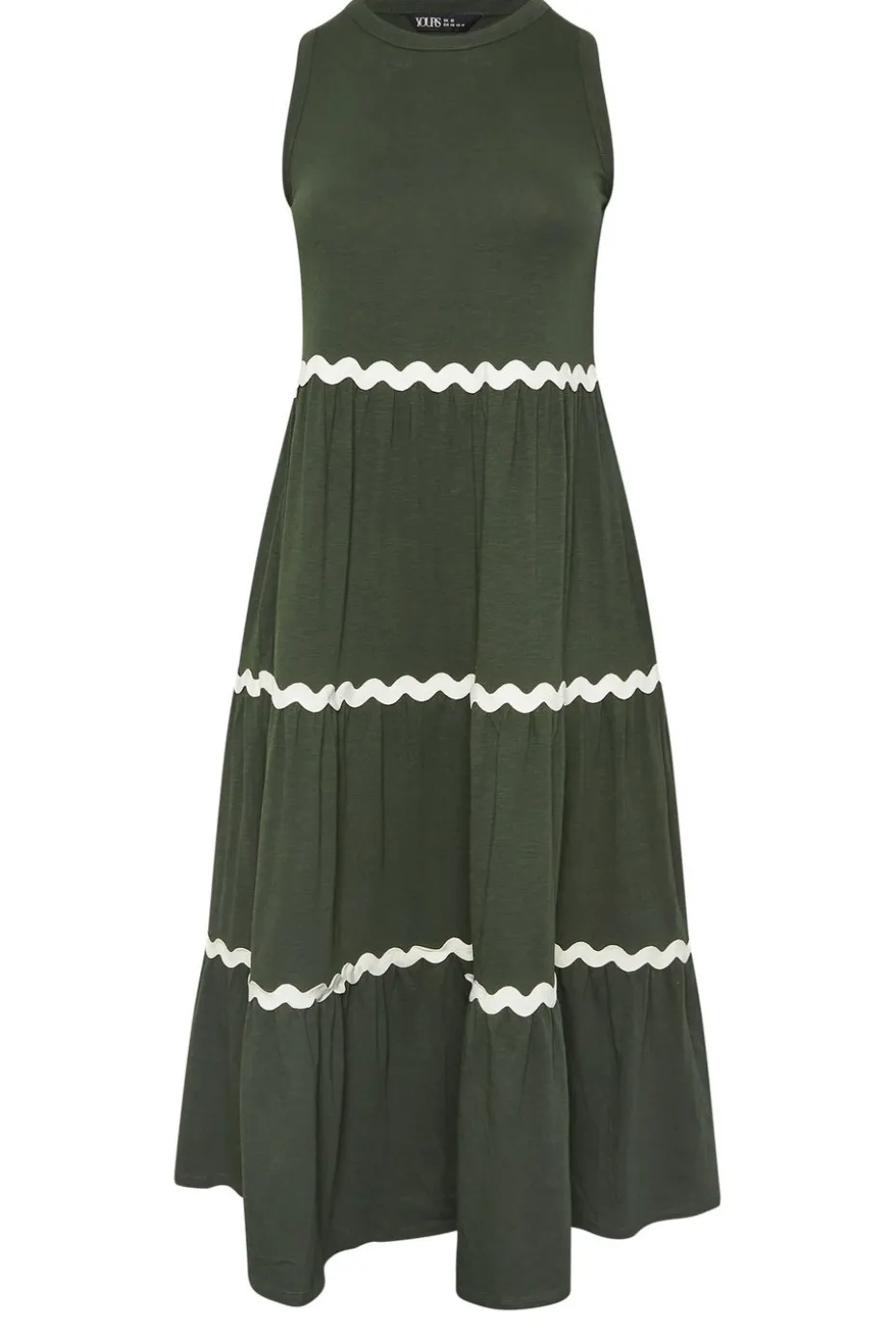 Yours Curve Khaki Green Contrast Swirl Tiered Maxi Dress