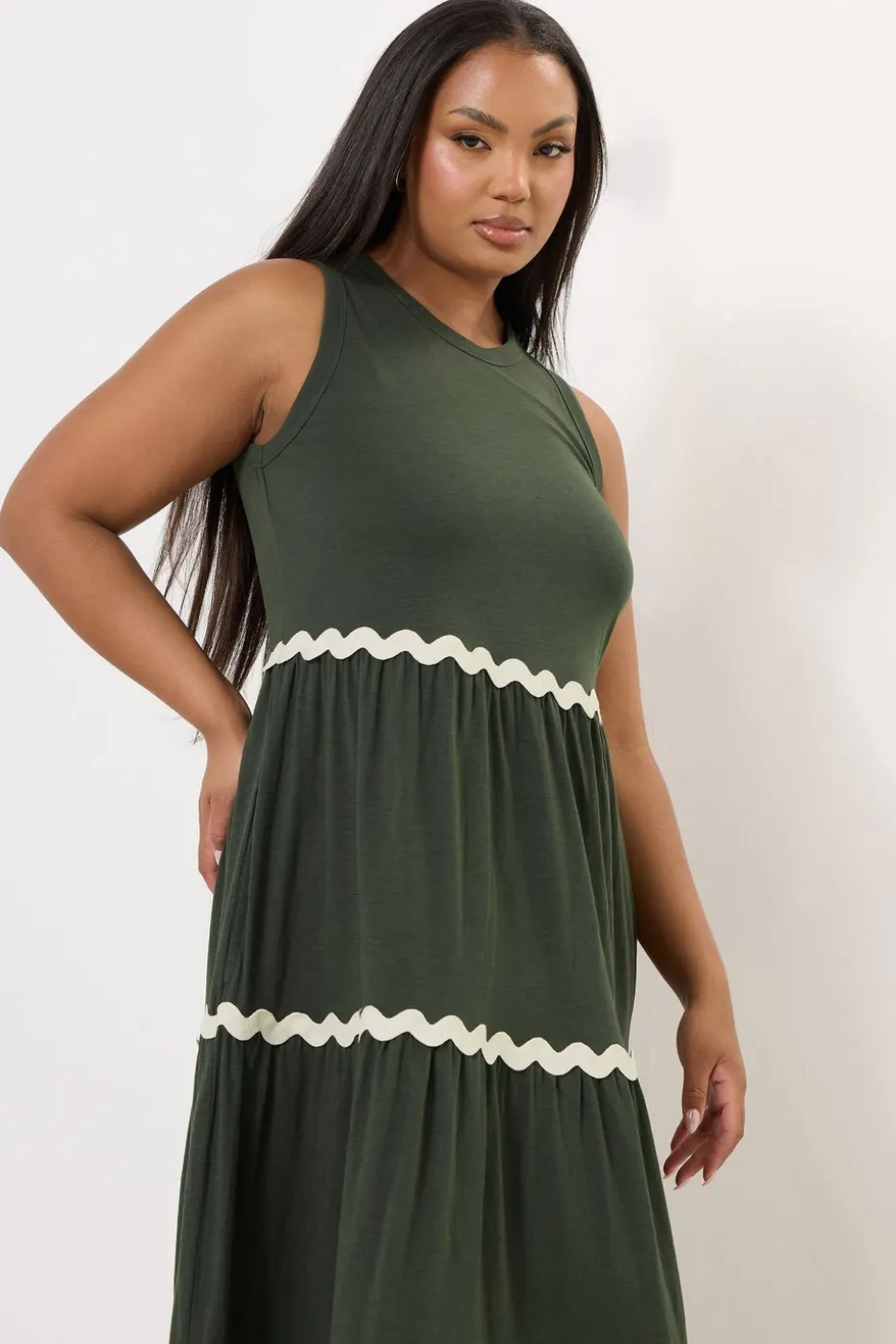 Yours Curve Khaki Green Contrast Swirl Tiered Maxi Dress