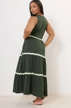 Yours Curve Khaki Green Contrast Swirl Tiered Maxi Dress