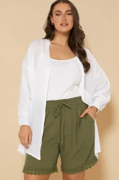 Yours Curve Khaki Green Crochet Trim Crinkle Shorts