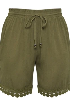 Yours Curve Khaki Green Crochet Trim Crinkle Shorts