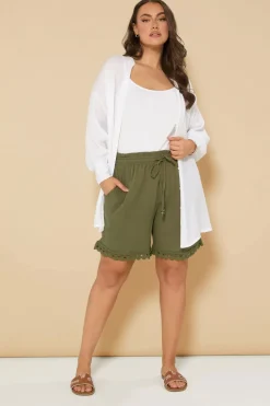Yours Curve Khaki Green Crochet Trim Crinkle Shorts
